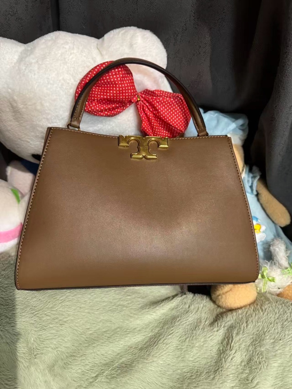 Tory Burch Brown Leather Satchel with Gold Logo Hardware
